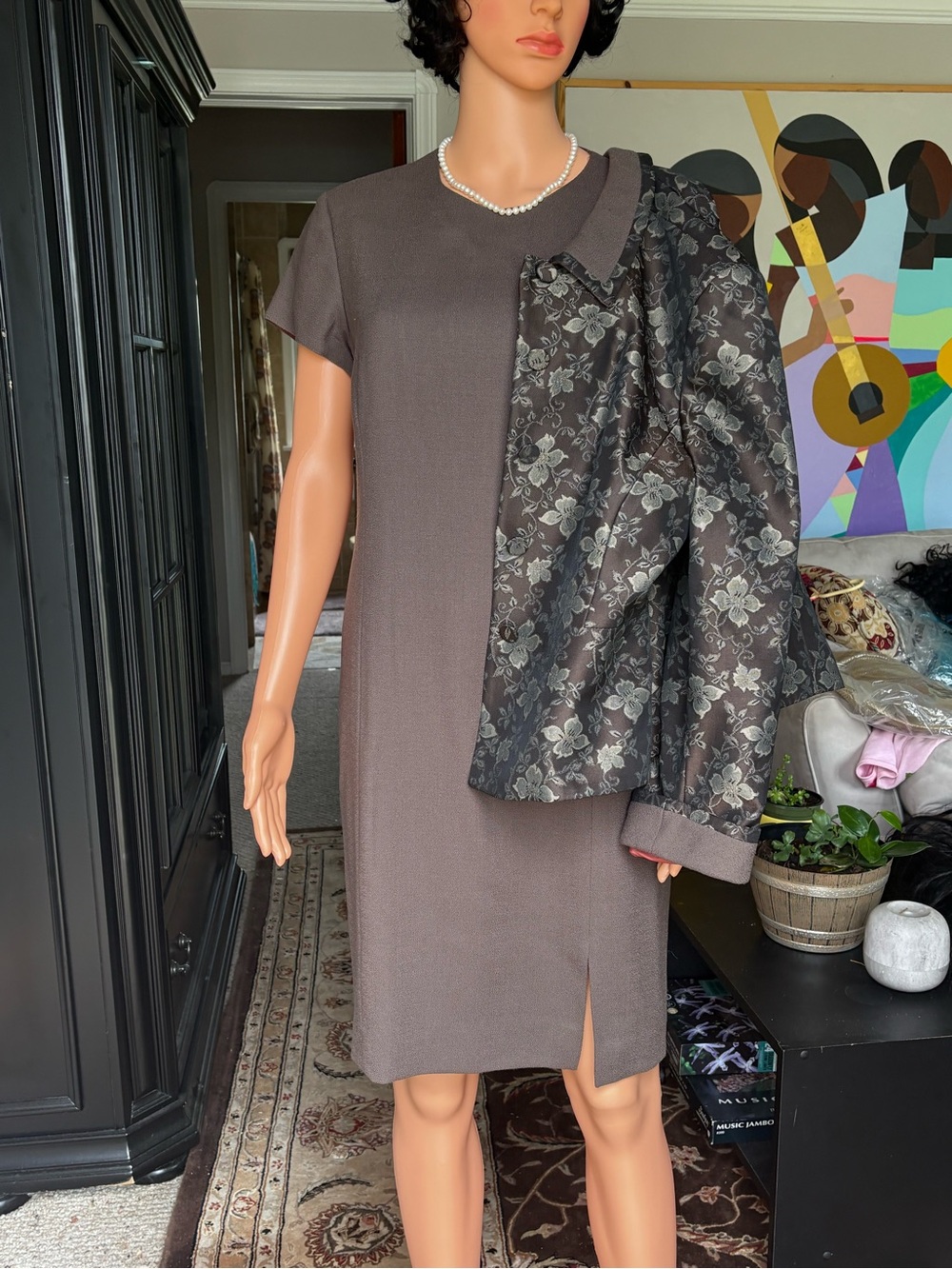 Chetta B Taupe Shift Dress with Floral Jacquard Jacket